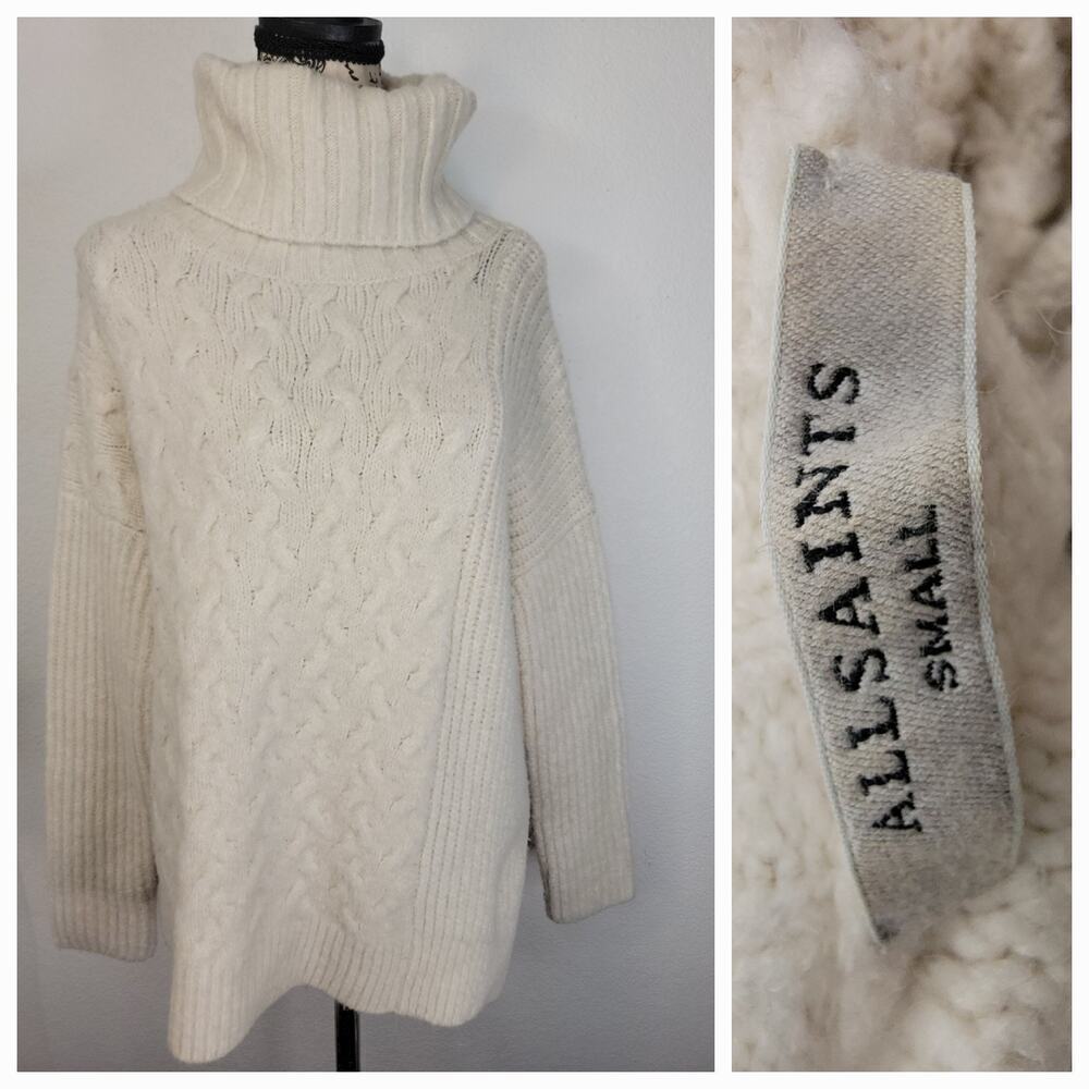 ALL SAINTS Liliya Cable Knit Asymmetric Jumper Sz Small Turtleneck Ivoy Sweater